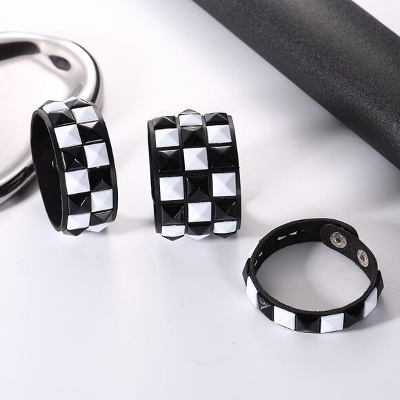 3 Piece Faux Leather Punk Bracelets Black White Checkered Studded Adjustable - Picture 2 of 4